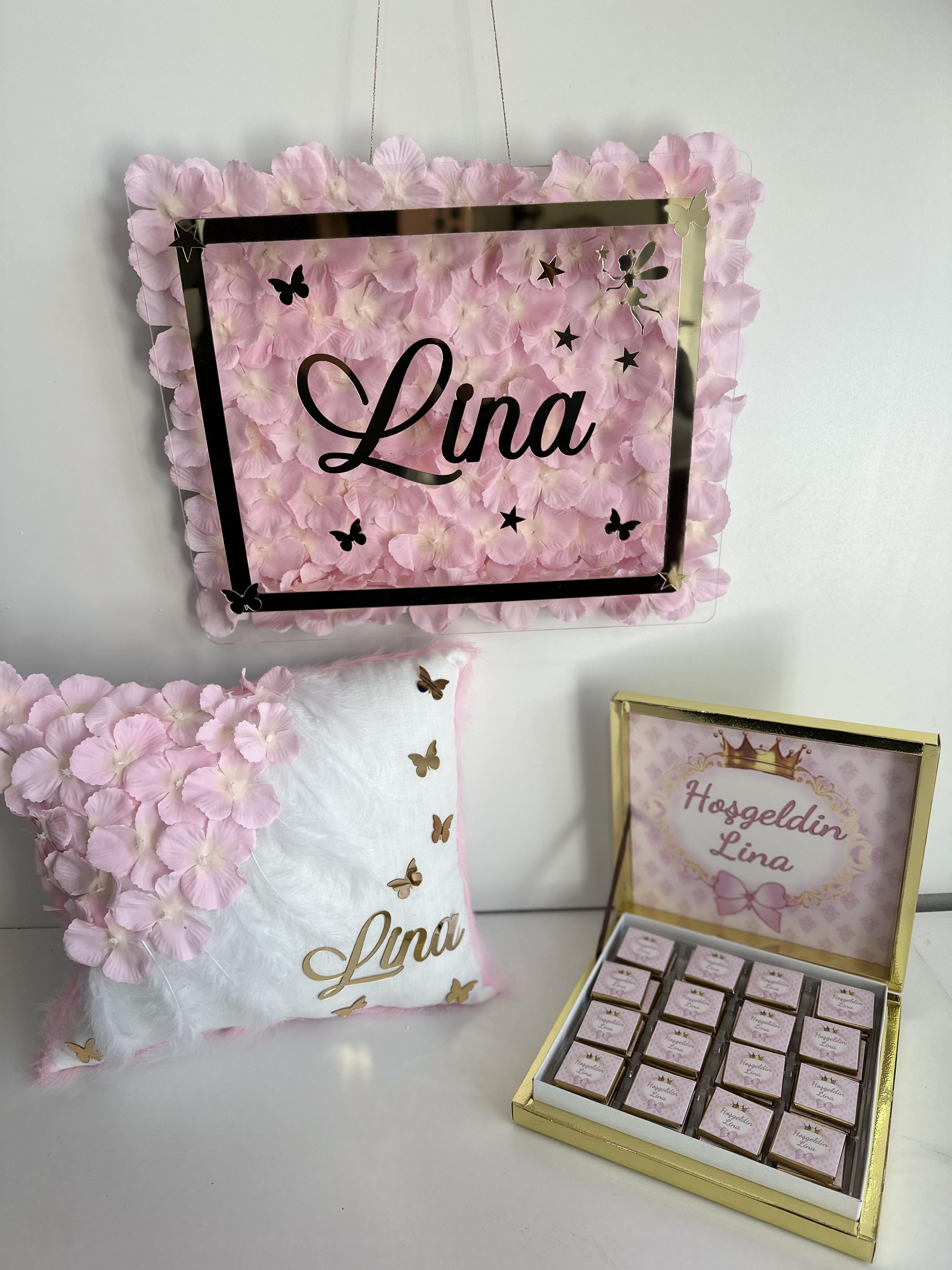 Ledli bebek kapı süsü Bebek takı yastığı 48 adet bebek çikolatası(kutu dahil)